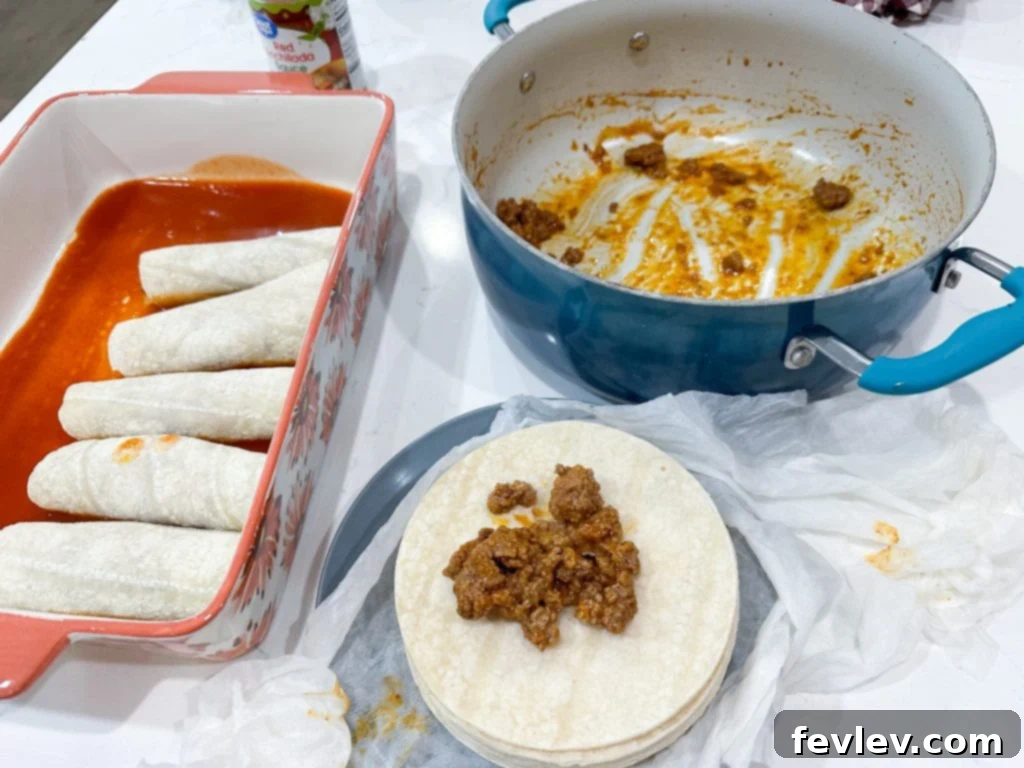 Classic Ground Beef Enchiladas 3 Easy ground beef enchiladas beef filling in a skillet
