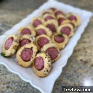 Golden brown Everything Bagel Bites with turkey kielbasa, sprinkled with everything bagel seasoning, ready to serve.