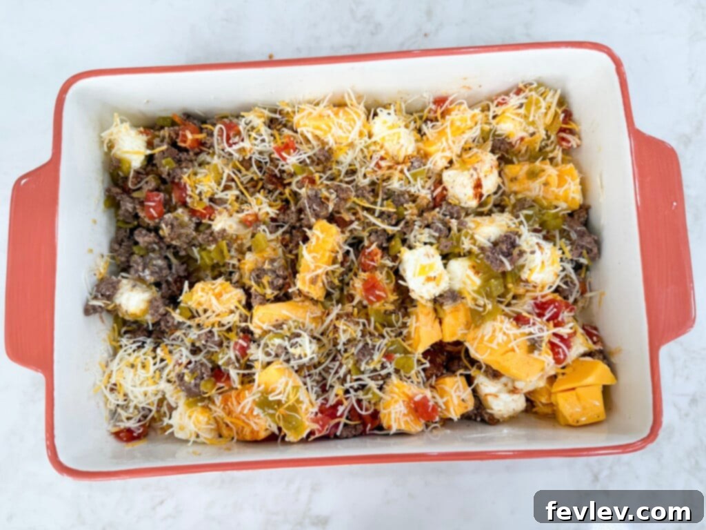Epic Loaded Baked Queso 5 Mixing all queso ingredients together in a baking dish