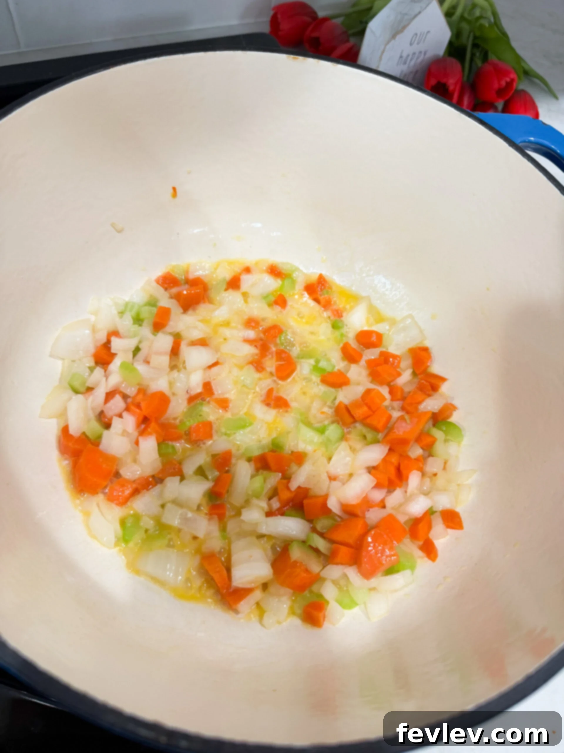 Sautéing vegetables in butter for chicken noodle soup