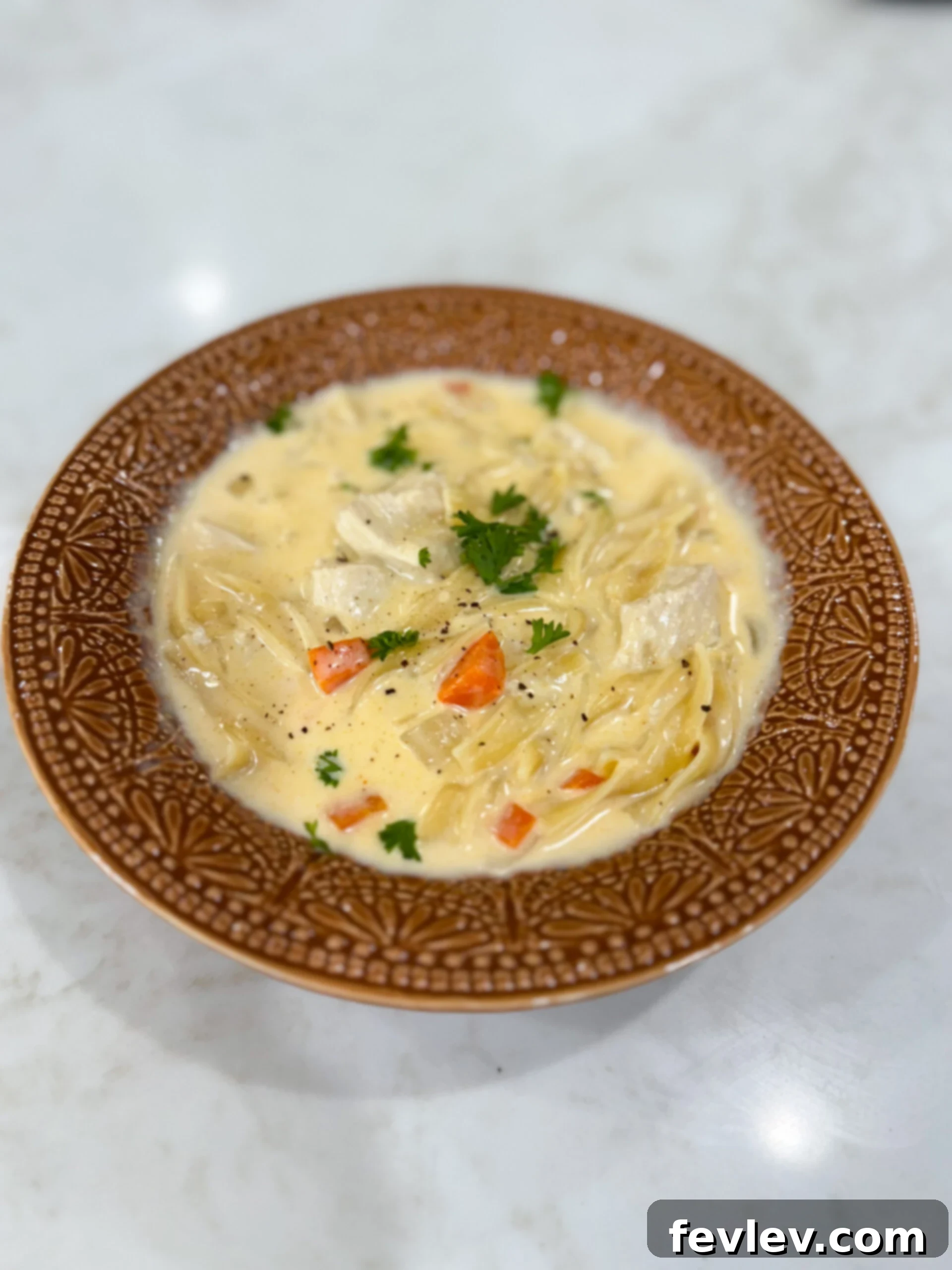 Bowl of creamy chicken noodle soup with visible noodles and vegetables