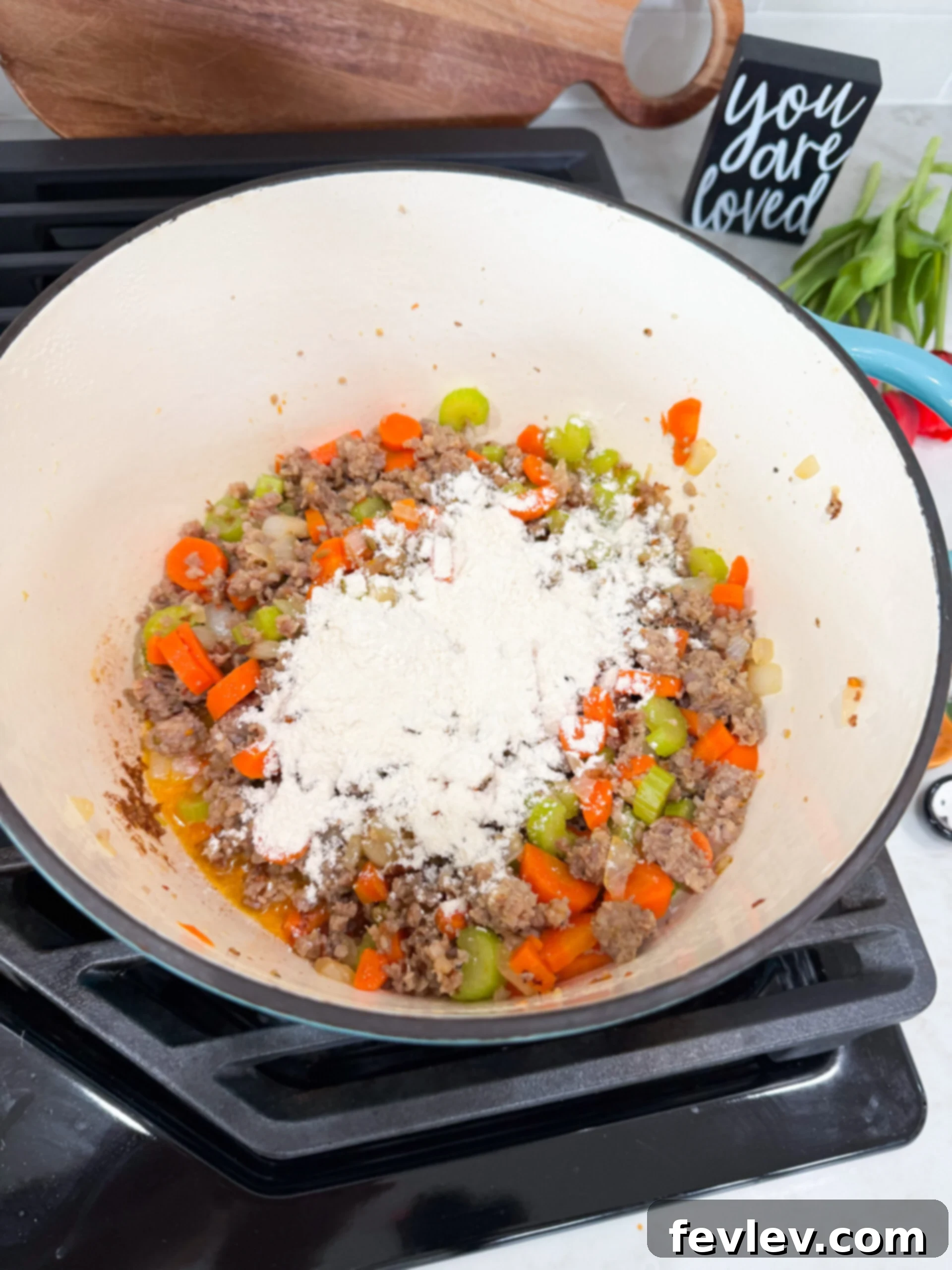 Flour added to the pot to thicken the soup.